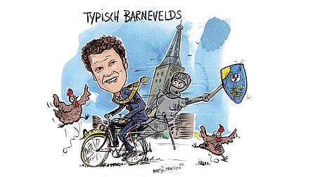 Illustratie van de burgemeester die langs Barneveldse ikonen fietst, kippen, kerk en Jan van Schaffelaar