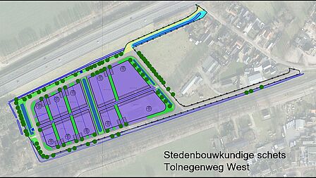 Ligging: de uitbreiding Tolnegenweg West ligt globaal achter de bestaande woningen en bedrijven aan de westzijde van de Tolnegenweg tussen de belangrijke spoorlijn Amersfoort – Apeldoorn en de snelweg A1.