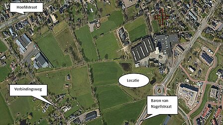 In het ovaal staat de toekomstige locatie van het wooncomplex. De locatie maakt straks onderdeel uit van een groter 'woonwerklandschap' dat wordt ingeklemd tussen de Verbindingsweg, Baron van Nagellstraat en Hoofdstraat.