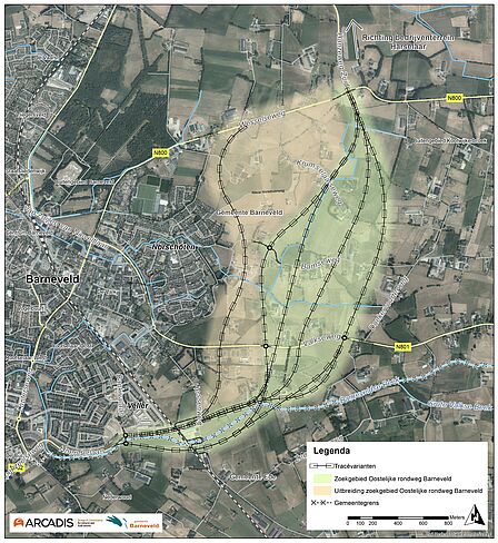 Luchtfoto van Barneveld Zuid met aanduiding van vergroting zoekgebied en de tracévariant.